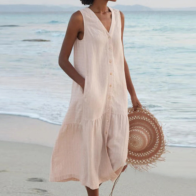 Damen Sommerkleid Mit Knopfleiste Und V-Ausschnitt