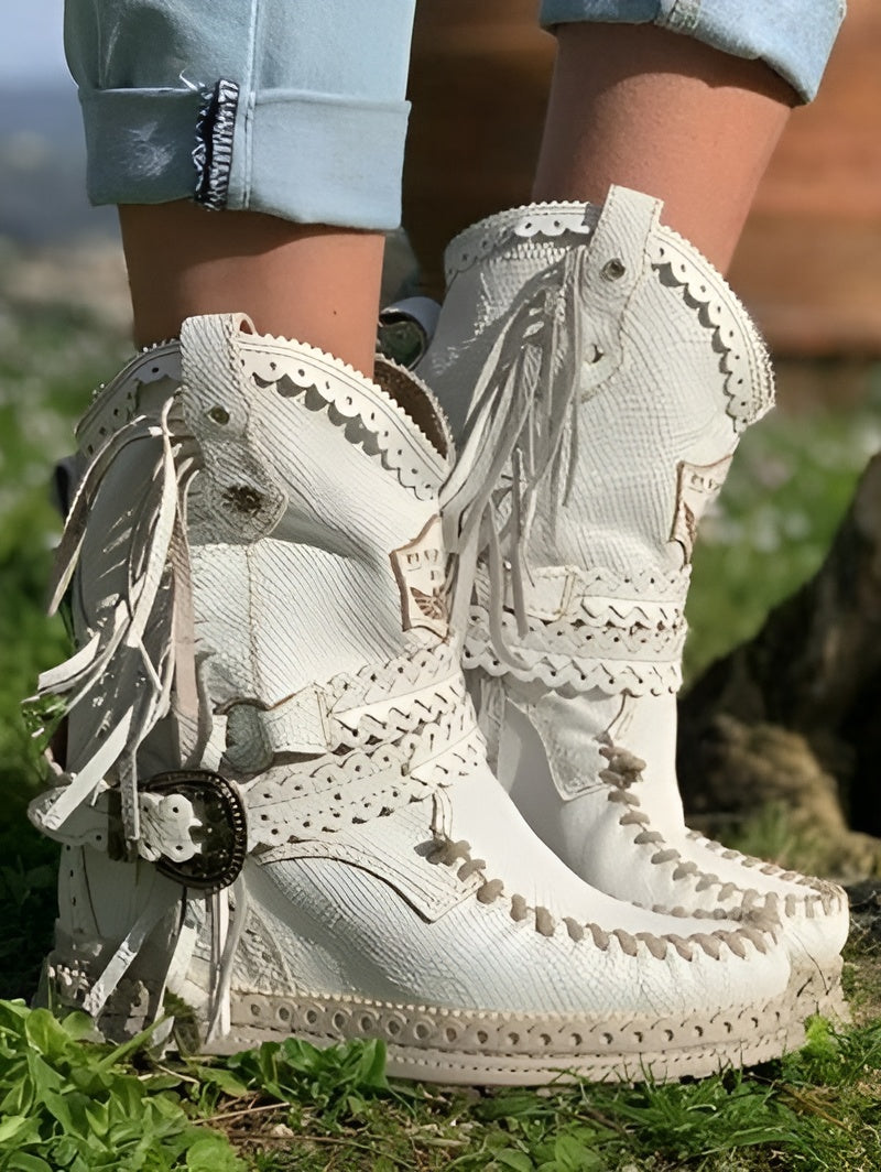 Damen Boho Stiefeletten Mit Fransen