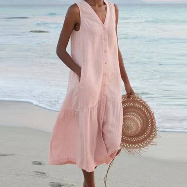 Damen Sommerkleid Mit Knopfleiste Und V-Ausschnitt