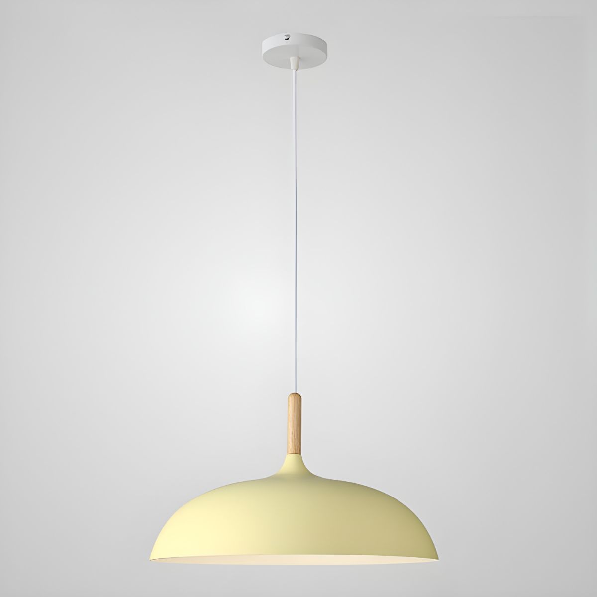 Skandinavische Pendelleuchte in Pastellfarben mit Holzdetails