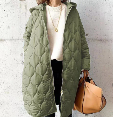 Damen Lange Steppjacke Mit Kapuze