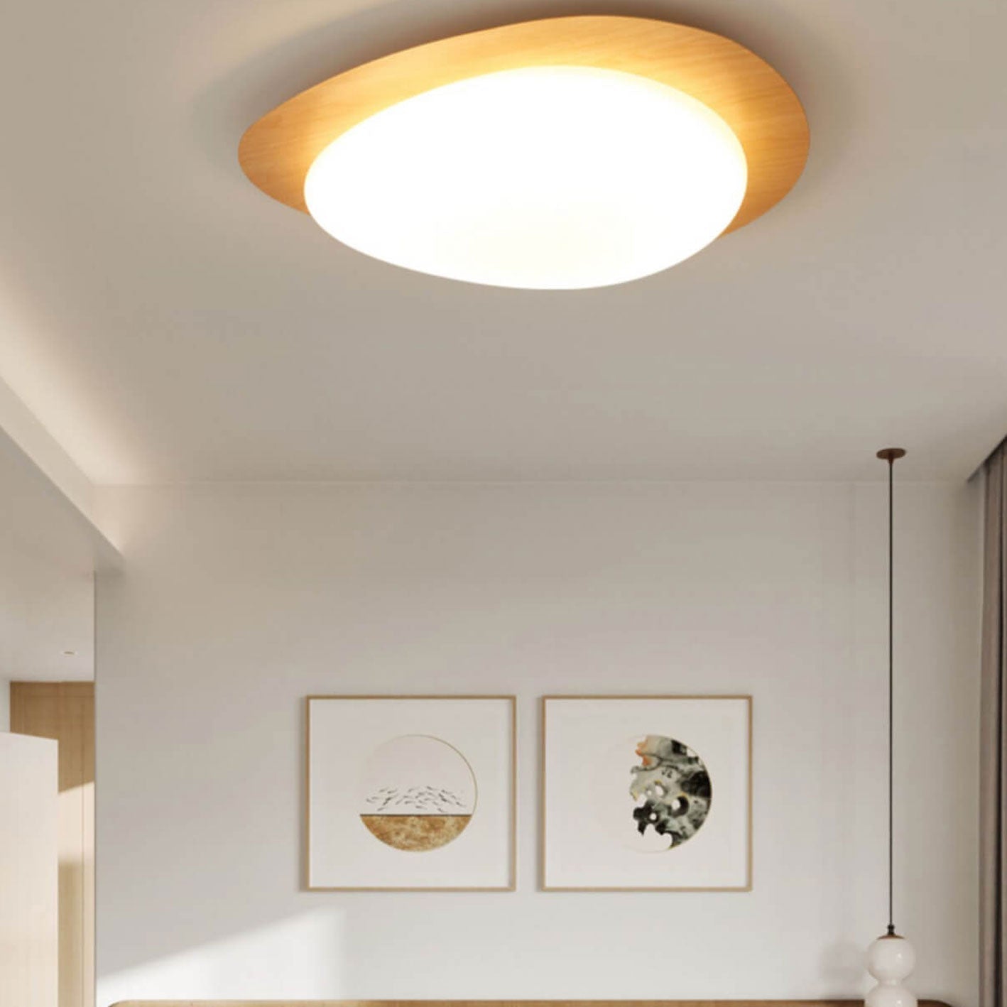 Ovale LED Deckenleuchte in Holzoptik im nordischen Stil