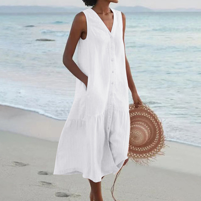 Damen Sommerkleid Mit Knopfleiste Und V-Ausschnitt