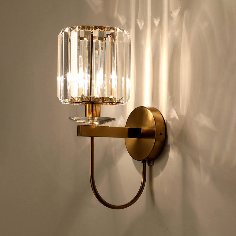 Moderne Wandleuchte mit Kristalleffekt und gebogenem Arm – Zylinderform