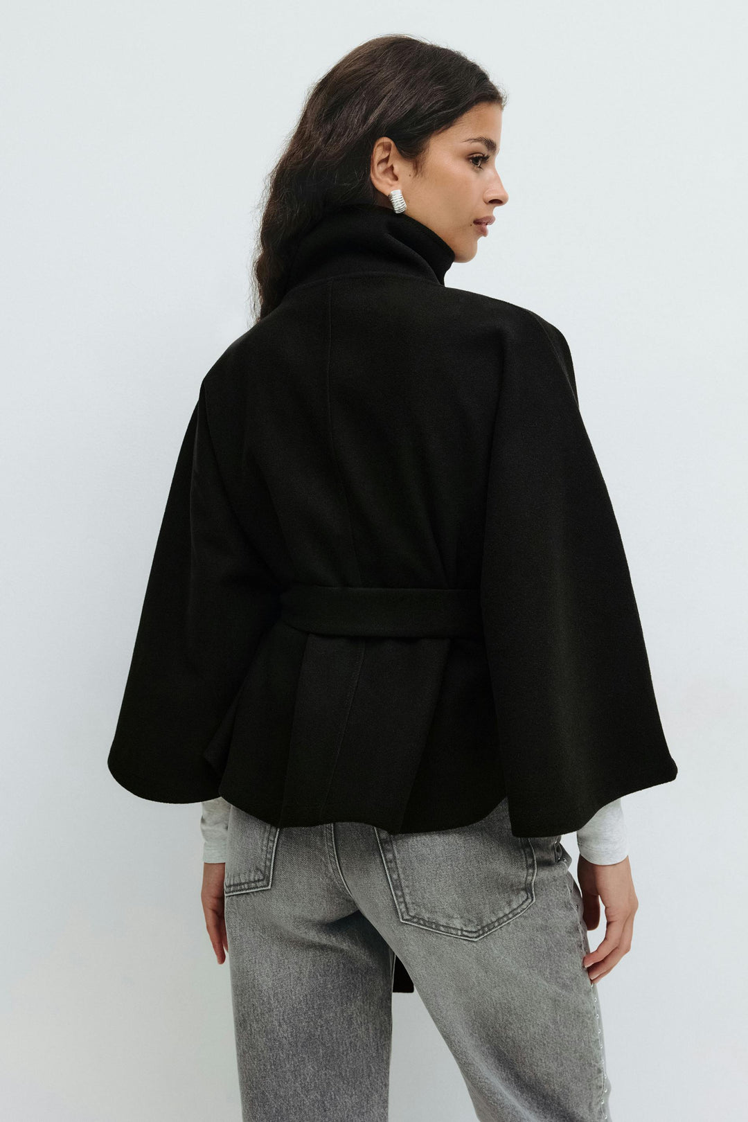 Damen Cape-Mantel Mit Gürtel Und Hohem Kragen