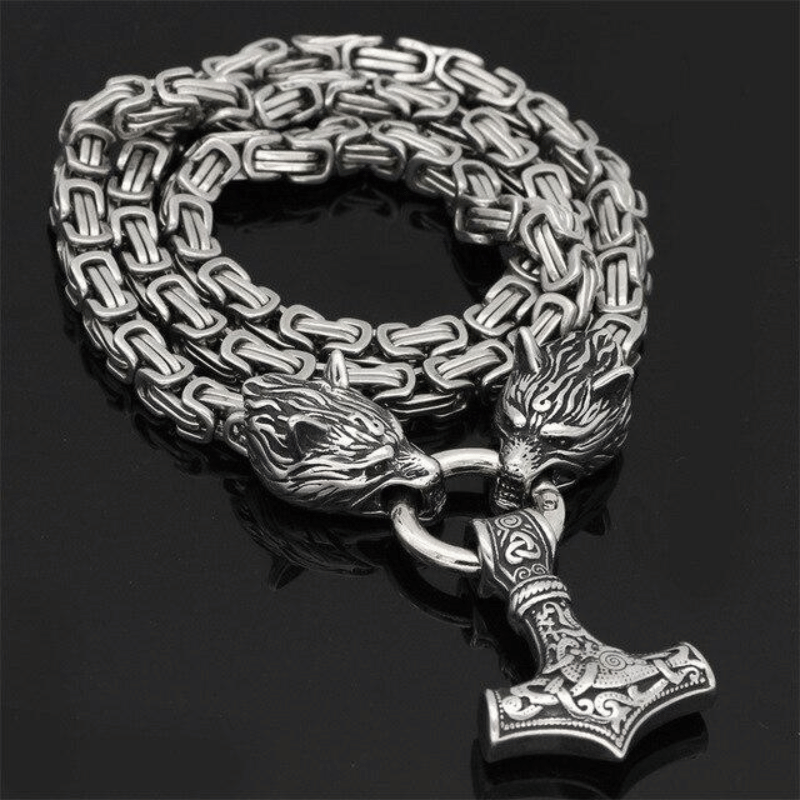 Wolfsköpfe und Mjolnir - Symbolische Halskette oder Armband für Männer