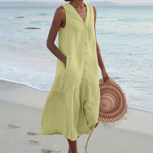 Damen Sommerkleid Mit Knopfleiste Und V-Ausschnitt
