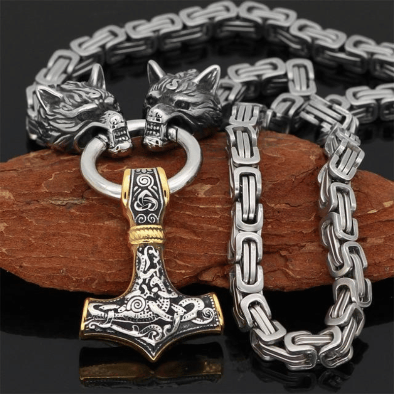 Wolfsköpfe und Mjolnir - Symbolische Halskette oder Armband für Männer