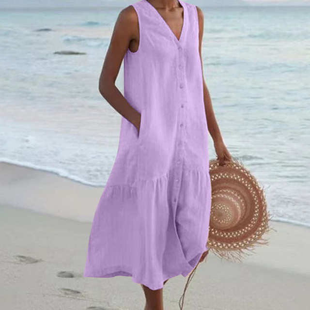 Damen Sommerkleid Mit Knopfleiste Und V-Ausschnitt