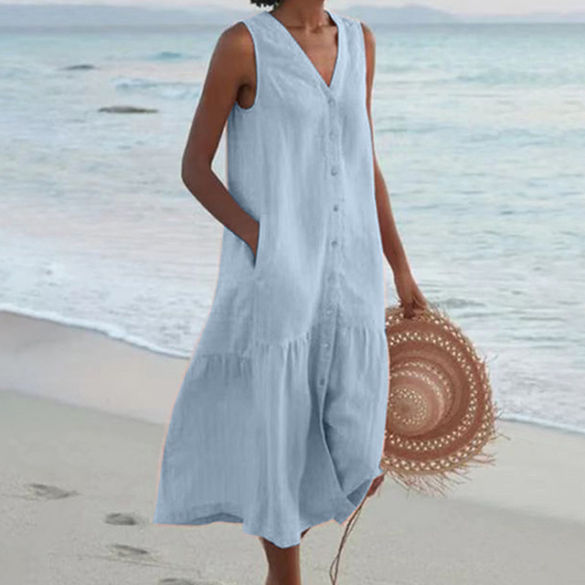Damen Sommerkleid Mit Knopfleiste Und V-Ausschnitt