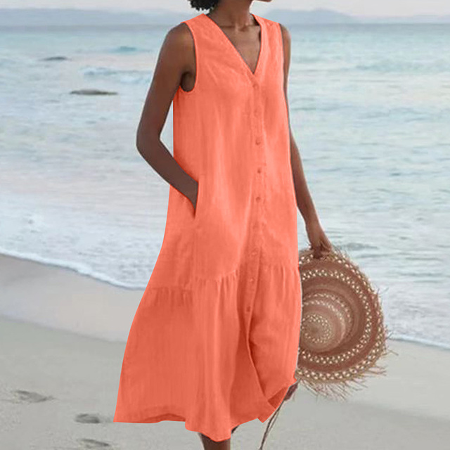 Damen Sommerkleid Mit Knopfleiste Und V-Ausschnitt