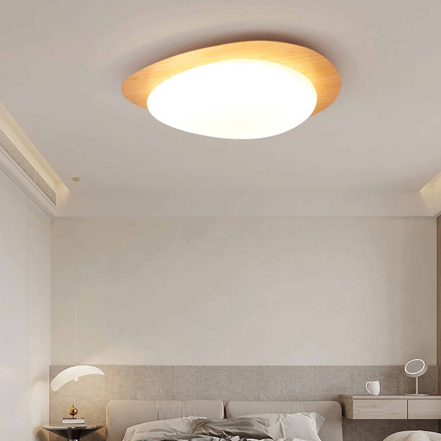 Ovale LED Deckenleuchte in Holzoptik im nordischen Stil