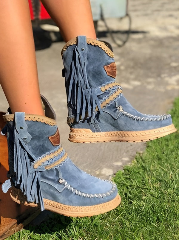 Damen Boho Stiefeletten Mit Fransen