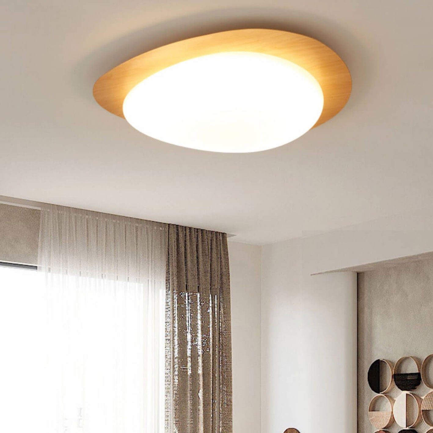 Ovale LED Deckenleuchte in Holzoptik im nordischen Stil