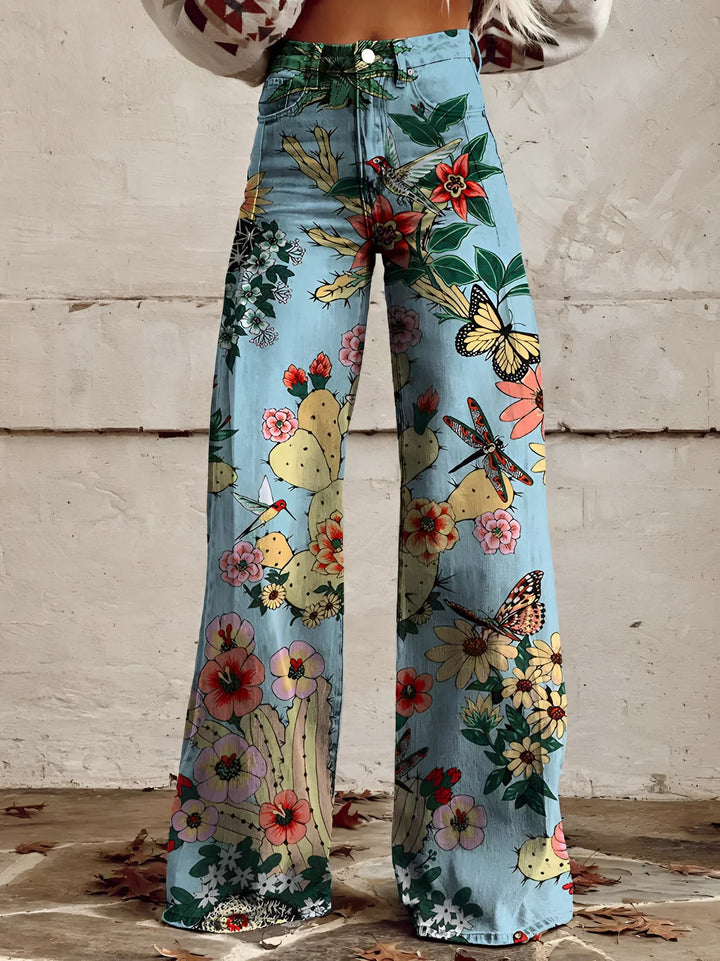 Damen Schlagjeans Mit Blumenmuster Und Hoher Taille