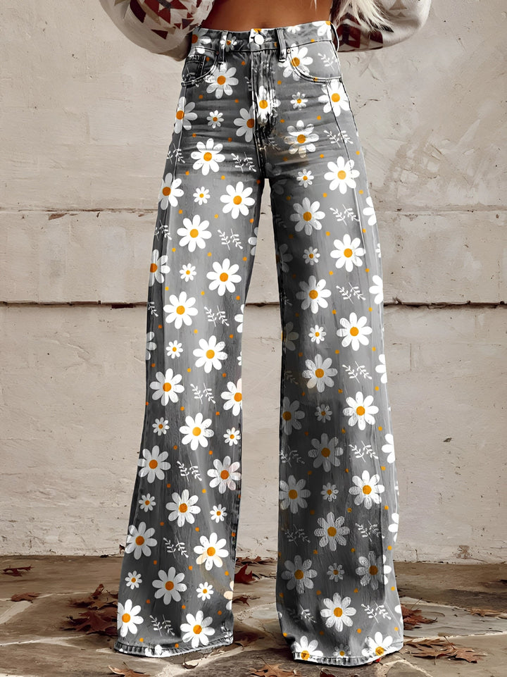 Damen Schlagjeans Mit Blumenmuster Und Hoher Taille