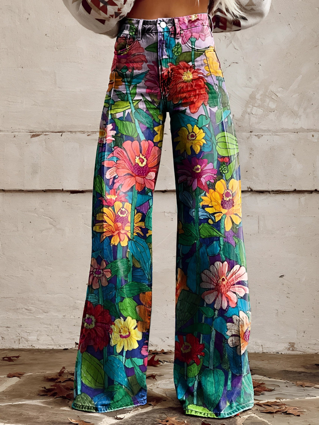 Damen Schlagjeans Mit Blumenmuster Und Hoher Taille