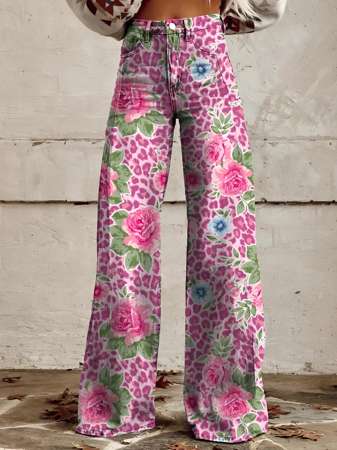 Damen Schlagjeans Mit Blumenmuster Und Hoher Taille