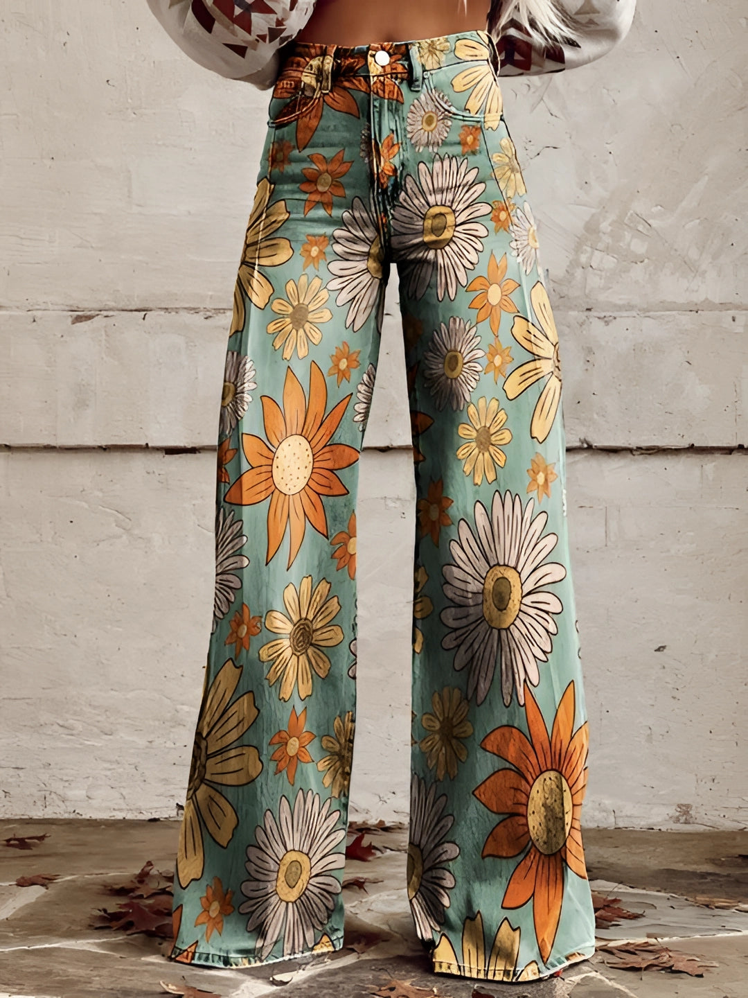Damen Schlagjeans Mit Blumenmuster Und Hoher Taille