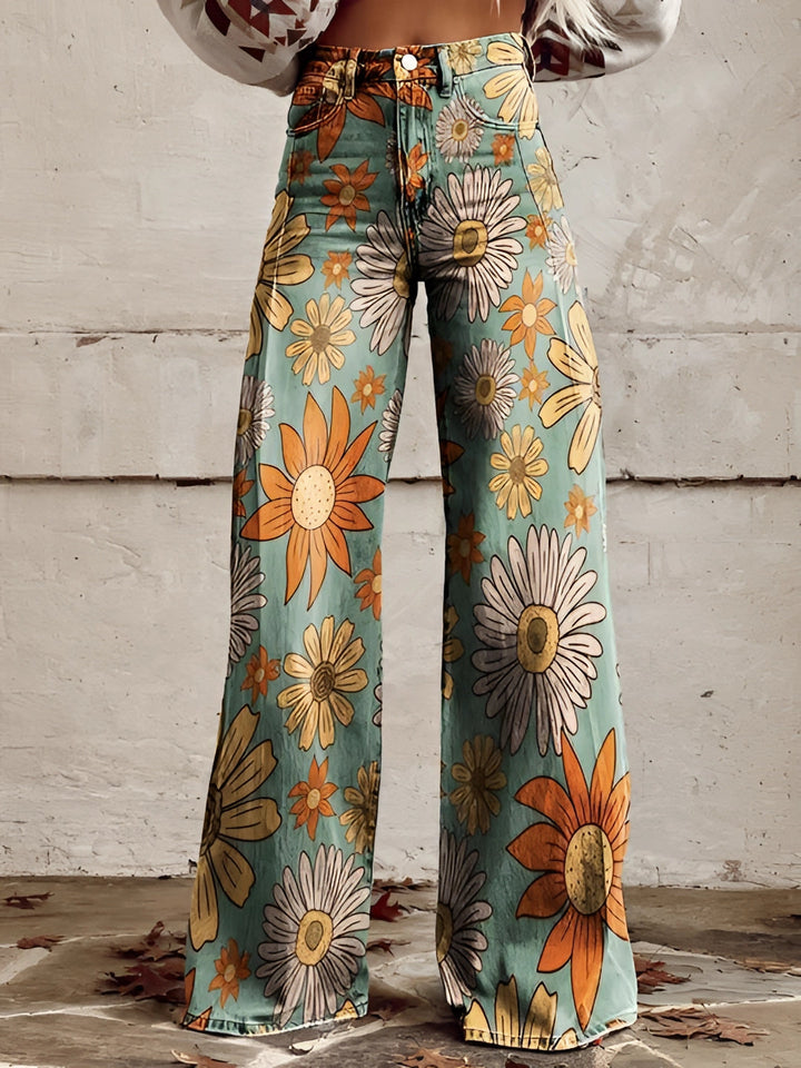 Damen Schlagjeans Mit Blumenmuster Und Hoher Taille