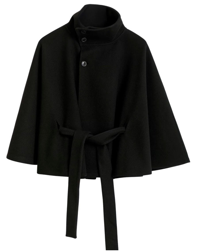 Damen Cape-Mantel Mit Gürtel Und Hohem Kragen