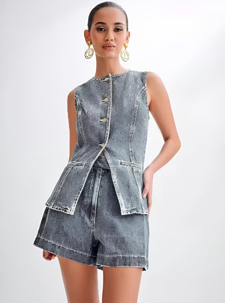 Damen Denim Set Mit Knopfleiste Und Strukturierter Silhouette