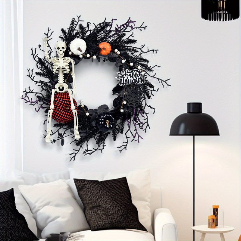 Halloween Gothic Skelett-Kürbis Türkranz – Gruselige Herbstdeko mit Kürbissen & schwarzen Zweigen
