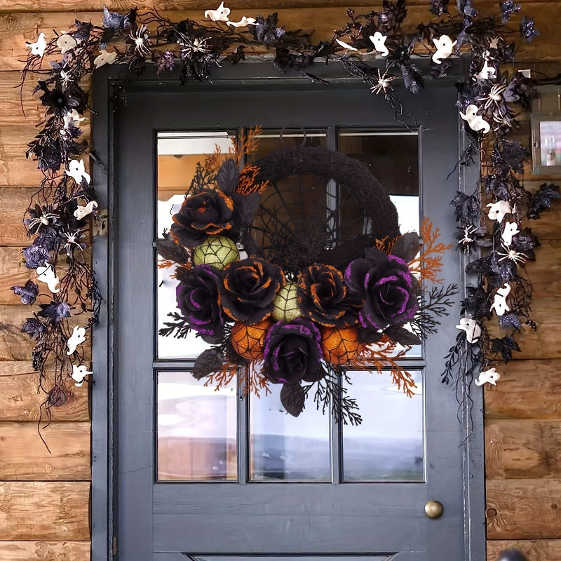 Halloween Gothic Türkranz mit Spinnennetz – Schwarze Rosen & Glitzerakzente für gruselige Herbstdeko