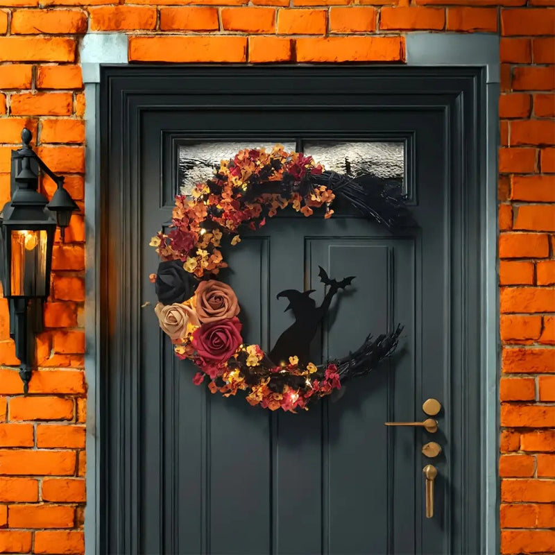 Herbstlicher Hexenkranz mit Halbmond – Rustikale Halloween-Türdekoration