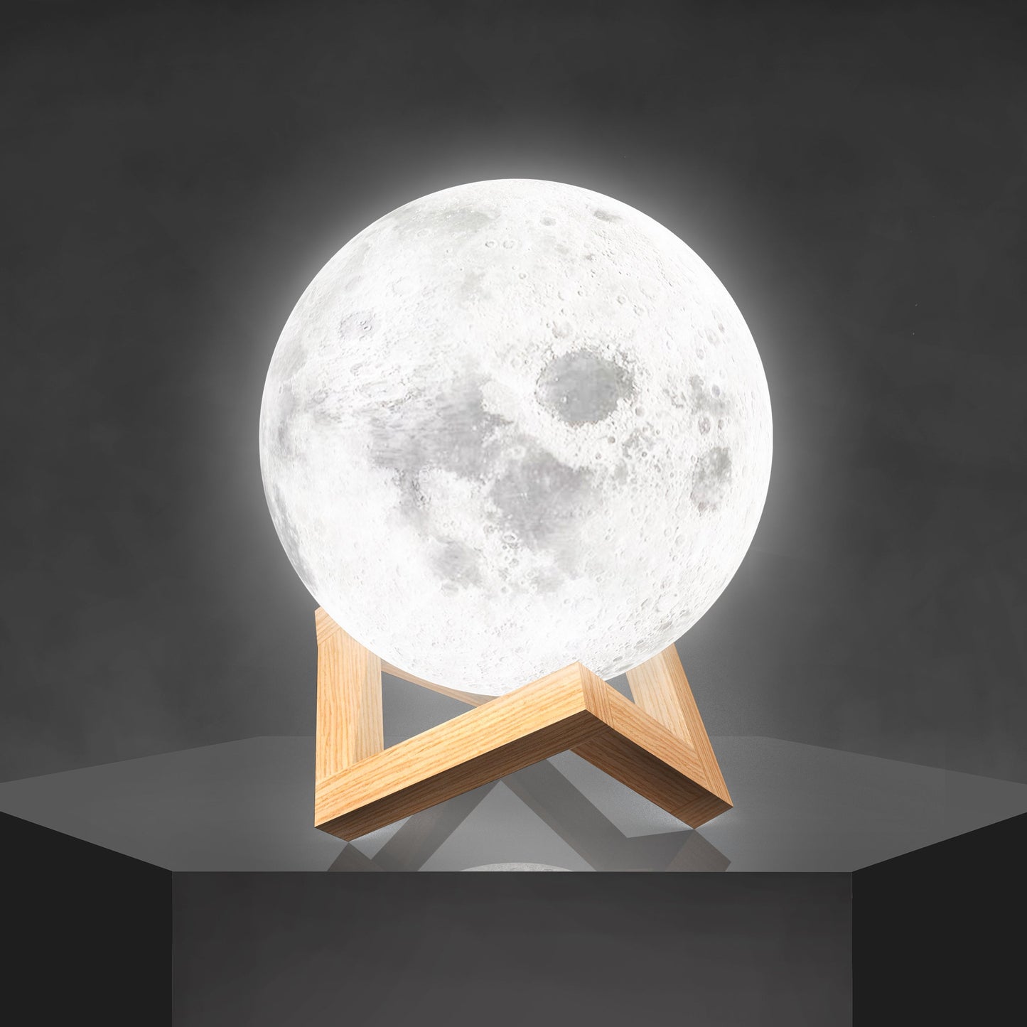 Kabellose LED-Mondlampe mit Holzständer und 6 Lichtfarben