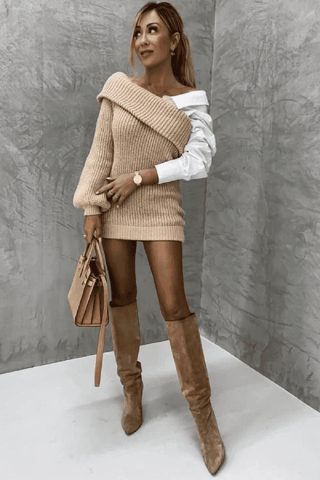 Damen Strickkleid Mit Off-Shoulder Design Und Herzstickerei