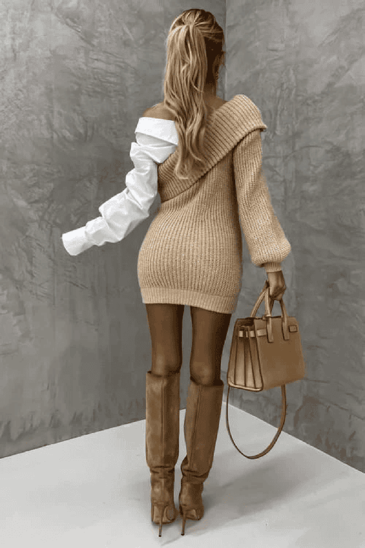 Damen Strickkleid Mit Off-Shoulder Design Und Herzstickerei
