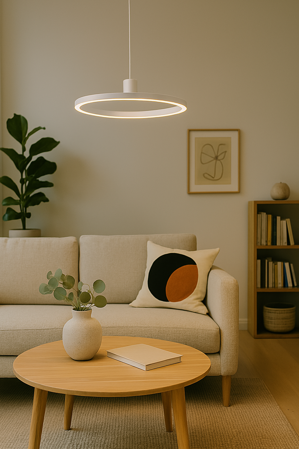 Moderne schwarze Küche mit LED-Ring-Pendelleuchte, Einbauofen und grauer Arbeitsplatte.