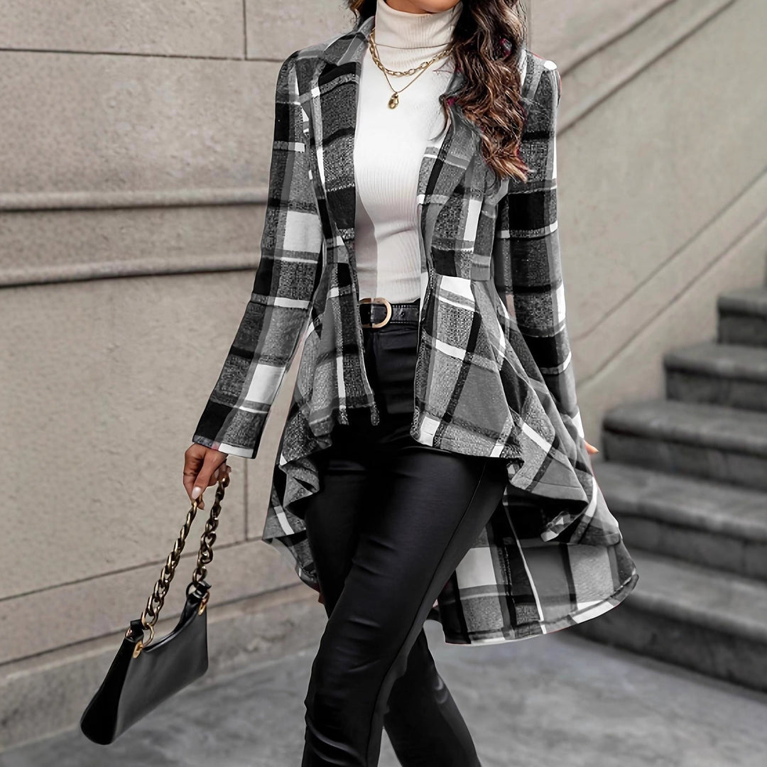 Damen Karierte Jacke Mit Asymmetrischem Saum
