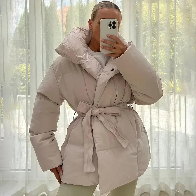 Damen Steppjacke Mit Gürtel Und Stehkragen