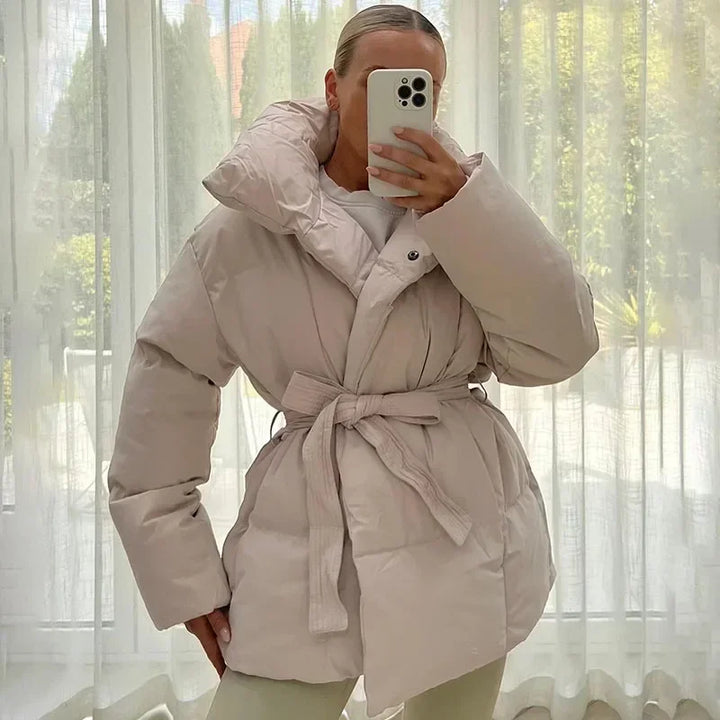 Damen Steppjacke Mit Gürtel Und Stehkragen