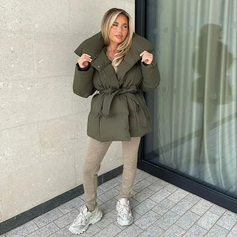 Damen Steppjacke Mit Gürtel Und Stehkragen