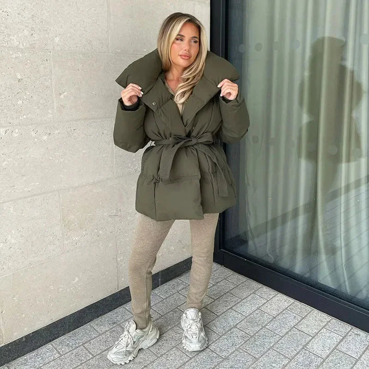 Damen Steppjacke Mit Gürtel Und Stehkragen
