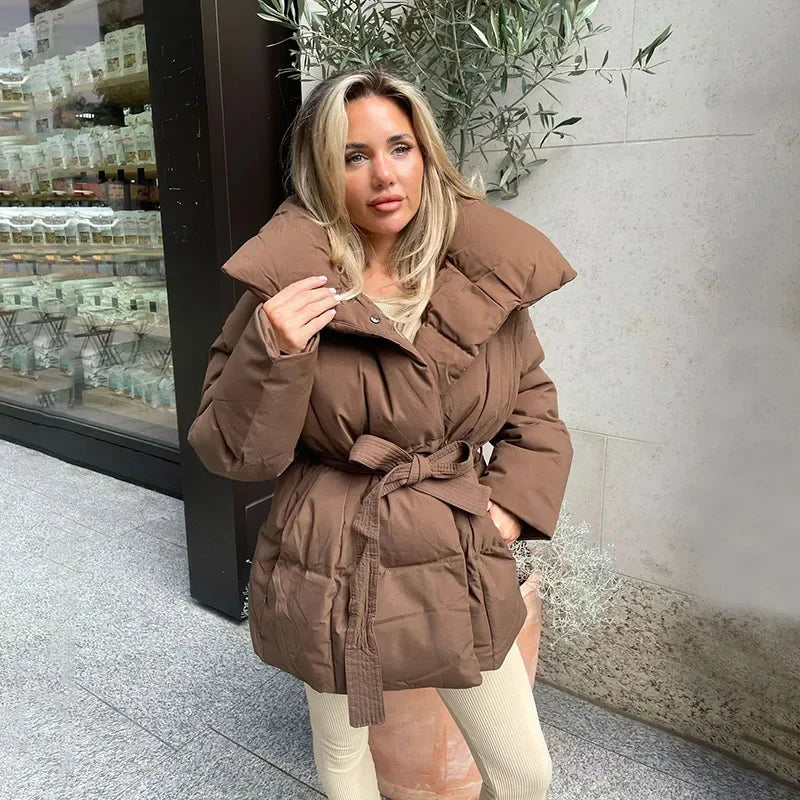 Damen Steppjacke Mit Gürtel Und Stehkragen