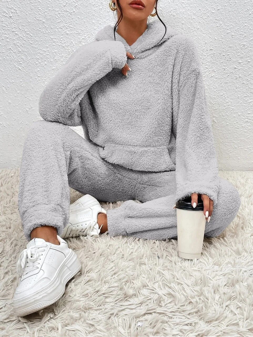 Damen Teddy Hausanzug Mit Kapuze
