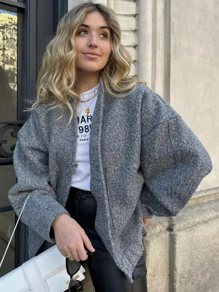 Damen Oversize Mantel Mit Runder Halslinie Und Verdeckter Knopfleiste