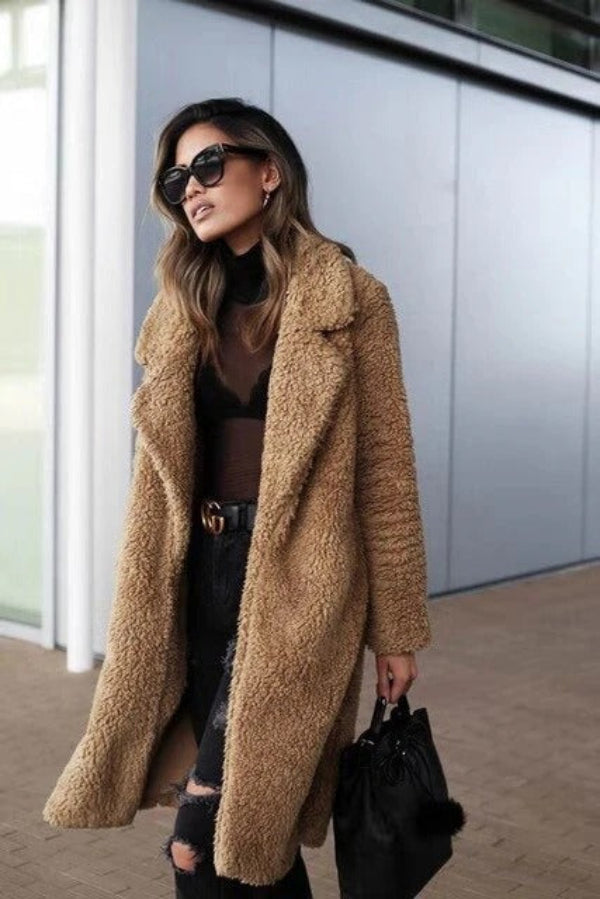 Damen Oversize Teddymantel Lang Mit Reverskragen