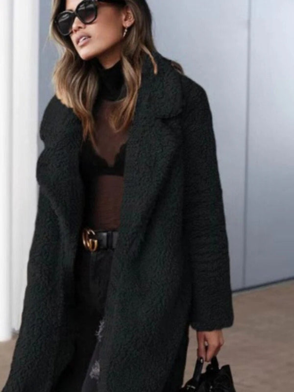 Damen Oversize Teddymantel Lang Mit Reverskragen