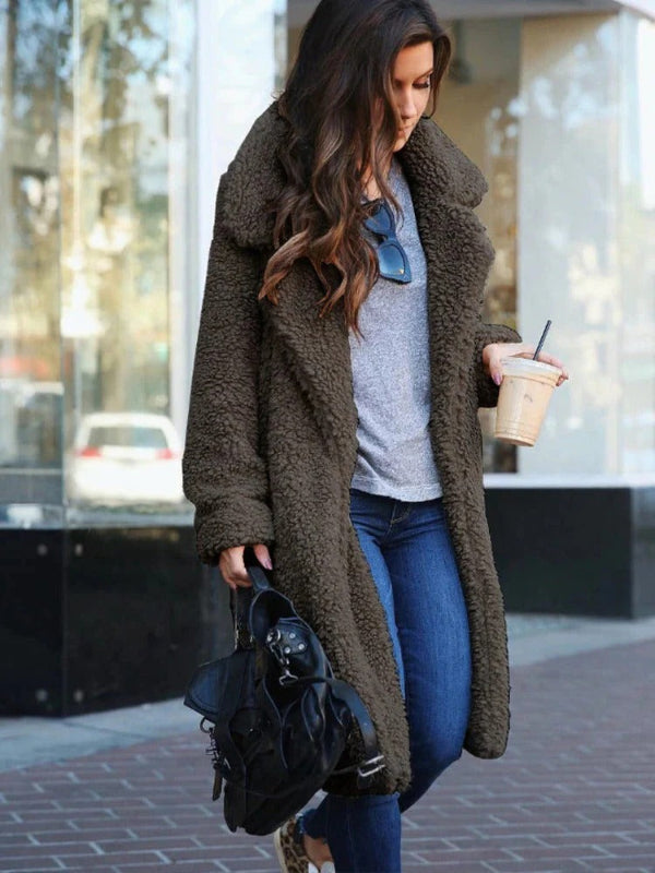 Damen Oversize Teddymantel Lang Mit Reverskragen