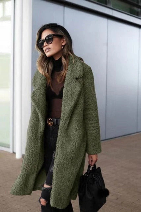 Damen Oversize Teddymantel Lang Mit Reverskragen