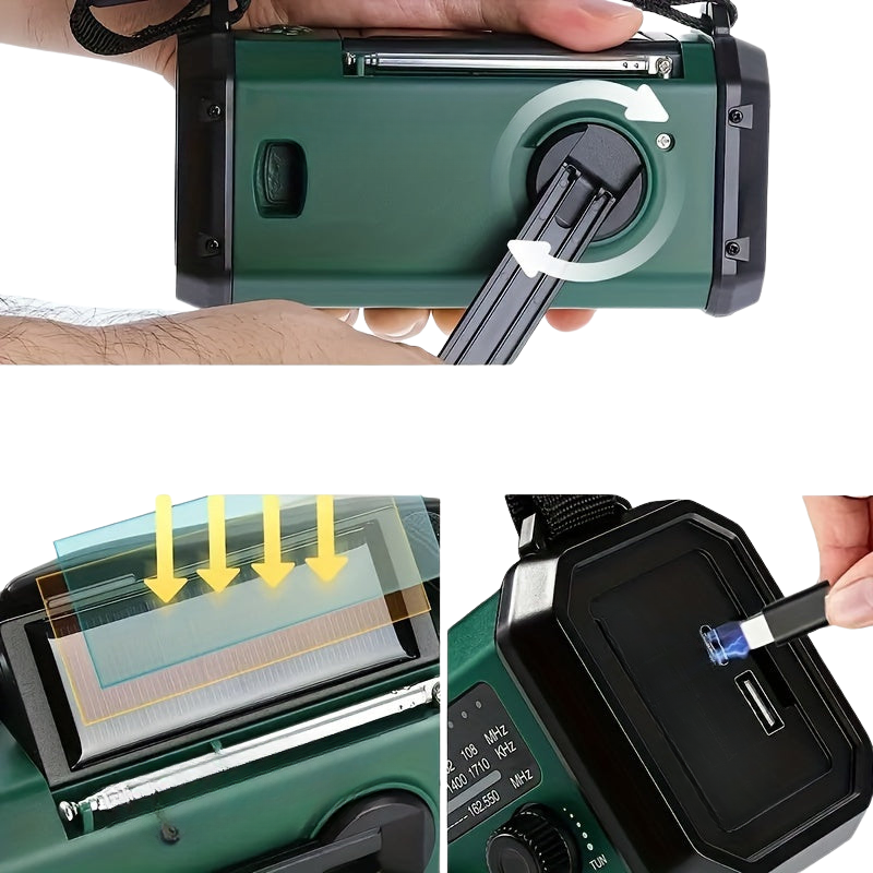 Solarbetriebenes Radiator-Notfallradio mit Handkurbel, USB und Taschenlampe