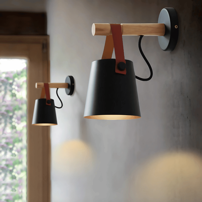 Skandinavische LED-Wandleuchte aus Holz mit Hängeleuchte