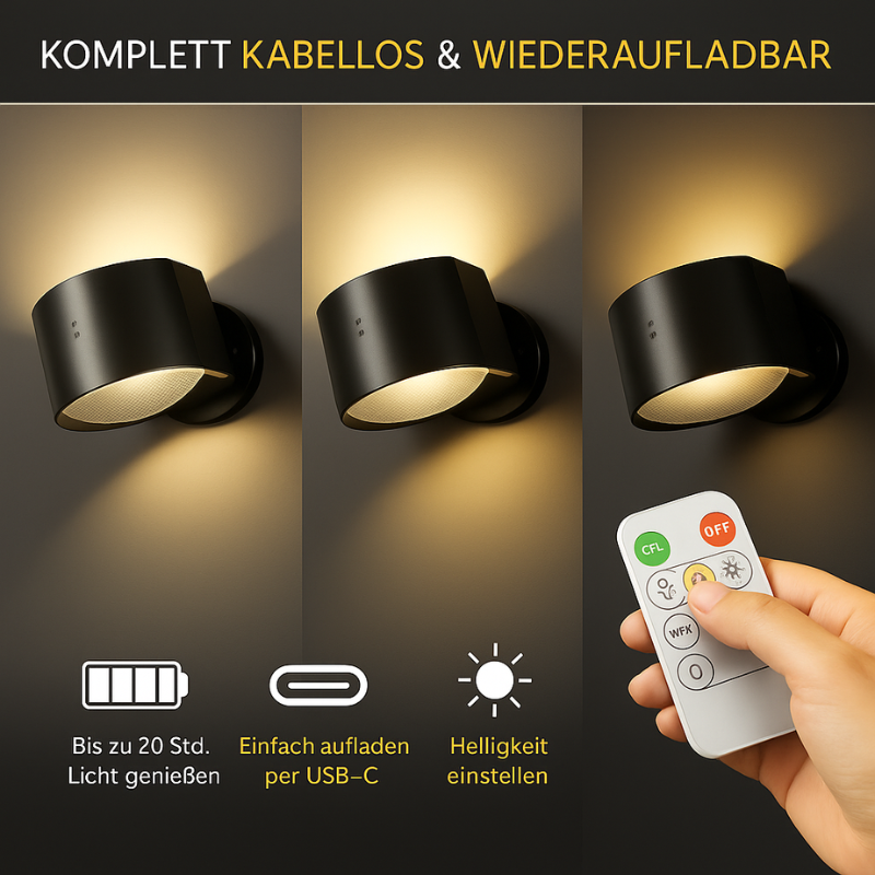 Kabellose LED-Wandleuchten im 2er-Set für Schlafzimmer und Wohnzimmer
