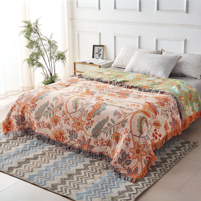 Boho Decke mit Blumenmuster – Baumwoll Plaid mit Fransen