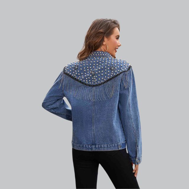 Damen Jeansjacke Mit Perlen Und Fransen